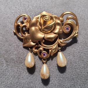 Vintage‎ Gold Rose Brooch Dangle Pearl Accents